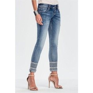 MISS ME Embroidered Crop Fray Hem Denim Jeans / Medium Light Wash / Size - 25